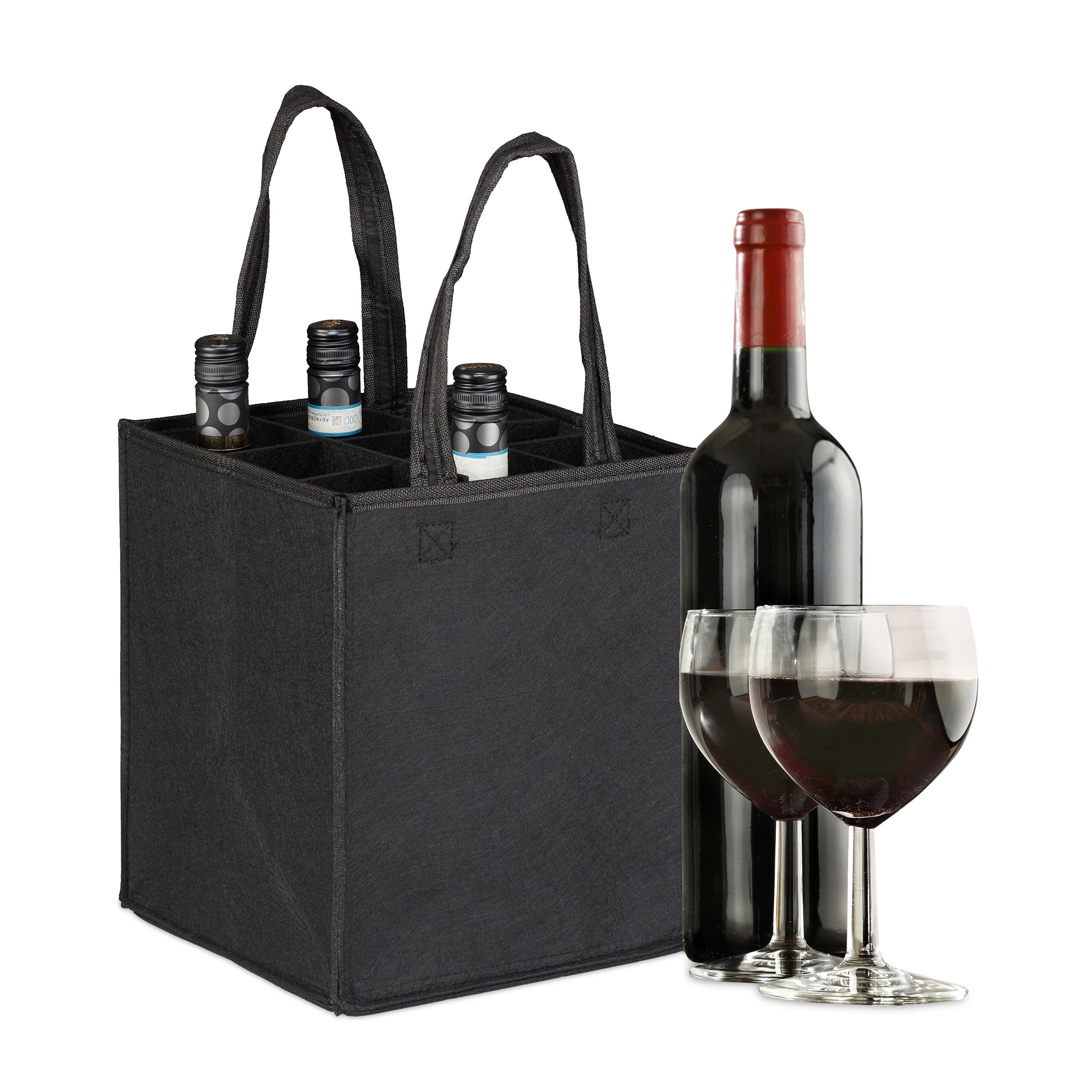 Relaxdays Black Bottle Carrier, 9 Glasses, Wine, Beer, Collect, Empty Drinks, Size 45 X 24 X 24 Cm, Felt Tote,