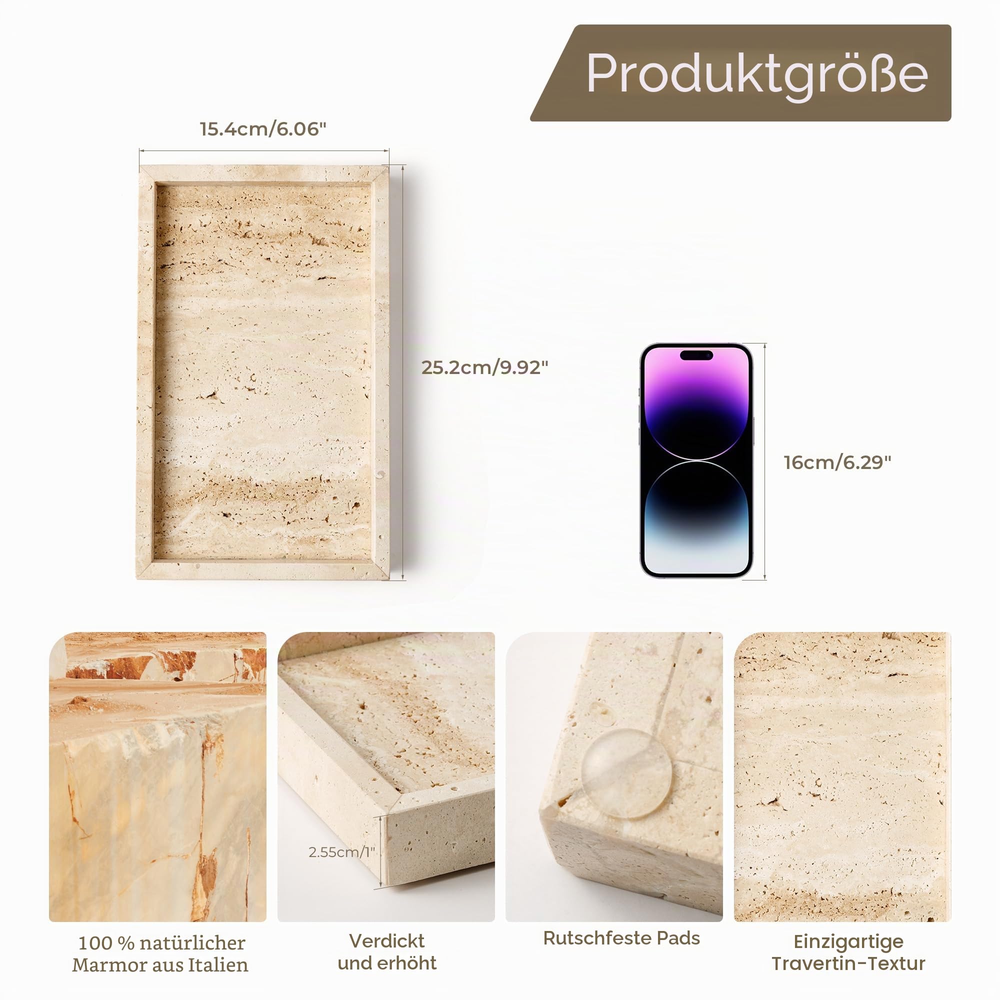 Kosmetiktablett aus italienischem Travertinstein für Schmuck, Parfüm, Make-up, Kerzen, dekorative Tabletts aus natürlichem Marmor für Küchenaufbewahrungs-Organizer Heimdekoration, Beige WH020
