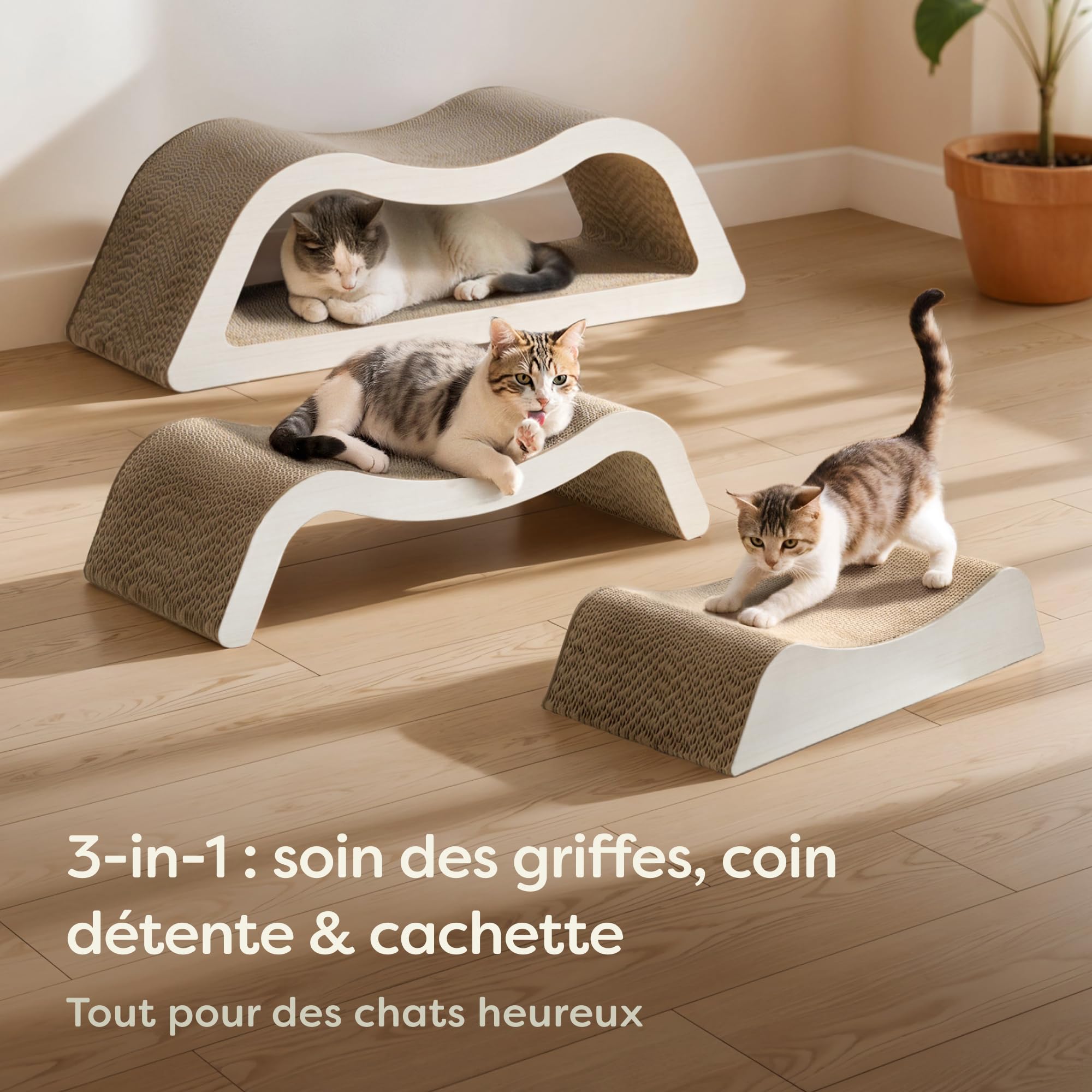 Knupis Griffoir Chat XXL 78 cm Blanc – 3 Pièces – Grattoir Chat en Carton | Tient jusqu'à 2 ans, matière très résistante, peu encombrant, protège canapé et meubles, motif nuage sobre