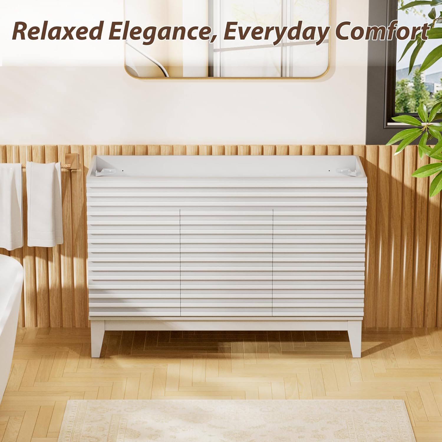 APRILSOUL 48" Bathroom Vanity, Mid-Century Bathroom Vanity Cabinet with 2 Soft Closing Doors, Freestanding Bathroom Cabinet, Particleboard Frame with Wood Grain Laminate, White (Sink Not Included)