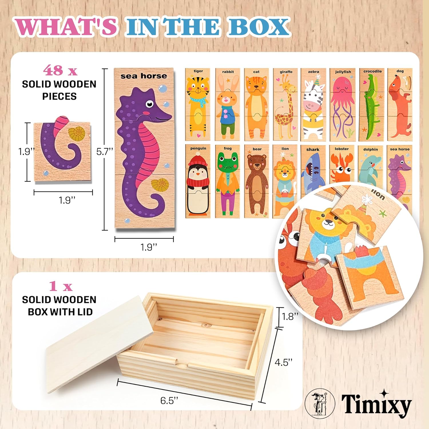 Montessori Wooden Puzzle for Toddlers, Wood Puzzle for Kids Ages 3-5, Animal Matching Game, Preschool Learning Toy, Educational Activity for 3 Year Old Boy Girl Birthday Gift, 48pc with Storage Box