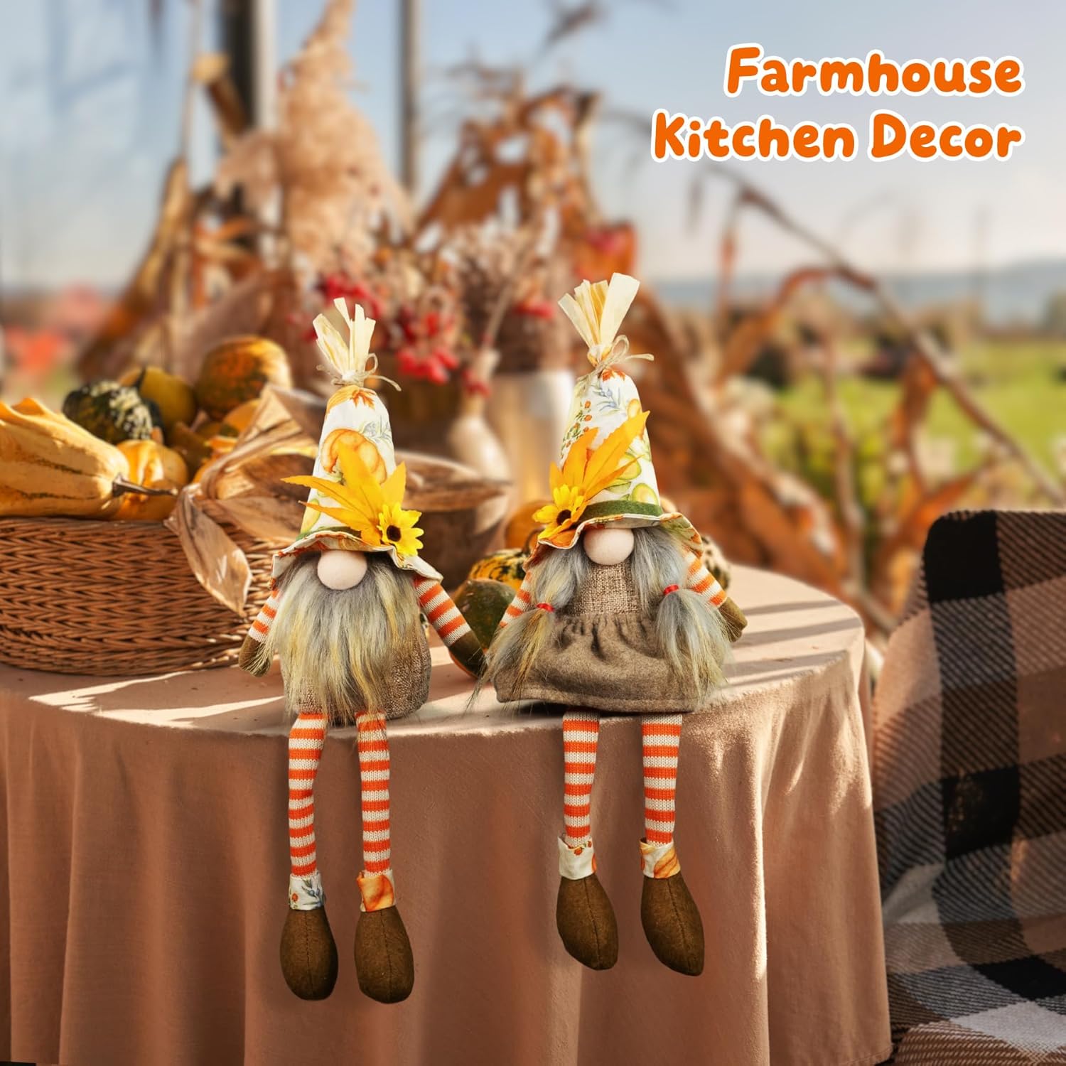 Thanksgiving Decorations – 2PCS Fall Gnomes Plush Shelf Sitters with Dangling Legs, Harvest Gnome Couple for Table Decor, Tiered Tray, Farmhouse Gnomes Gifts for Women - Image 7