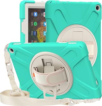 Case for Amazon Kindle Fire HD 10 2021 & Amazon Kindle Fire HD 10 Plus 2021, Protective Rugged Kids Case with Shoulder Strap, Hand Strap, 306 Rotating Kickstand