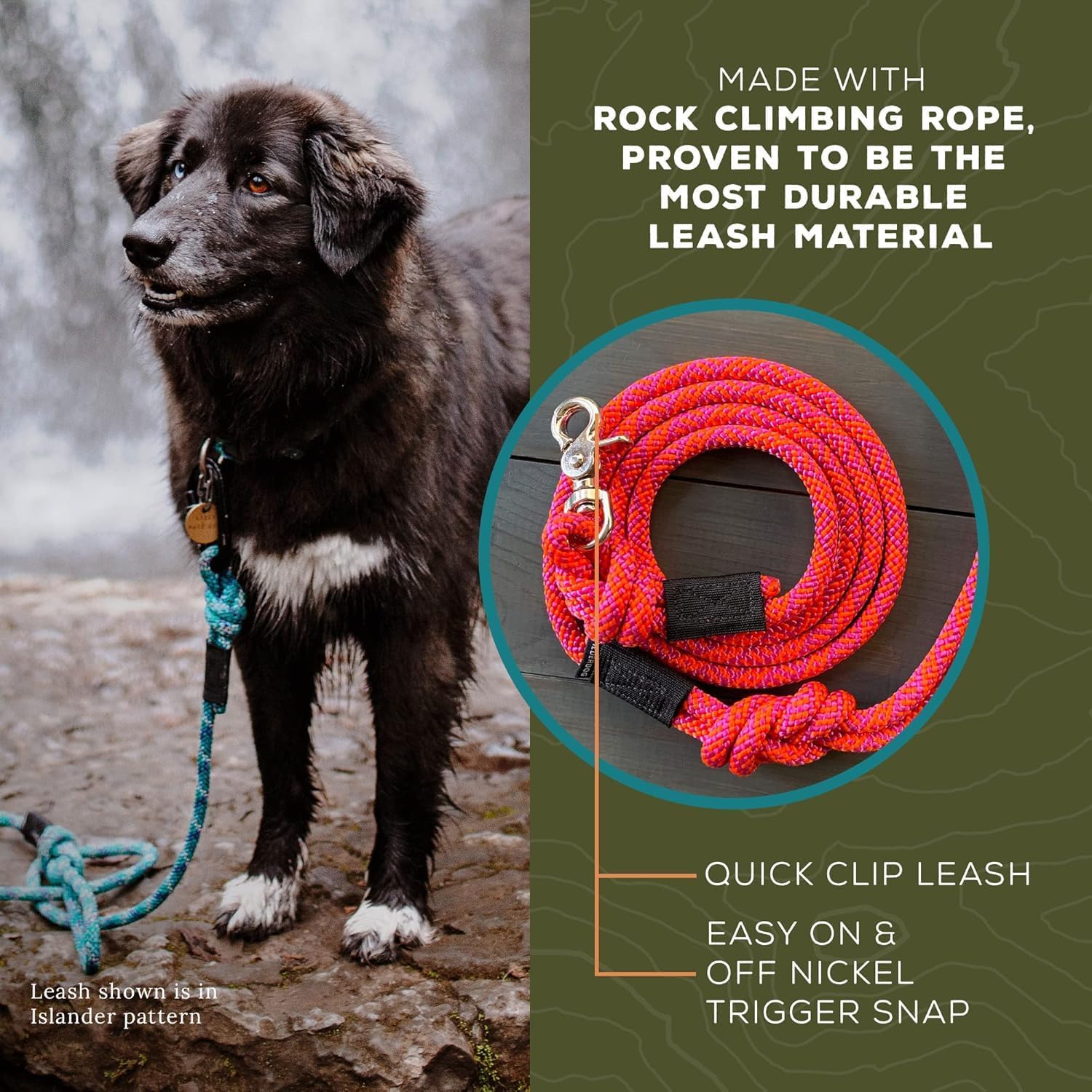 Wilderdog Climbing Rope Quick Clip Dog Leash - 5 ft - Pacific Blue