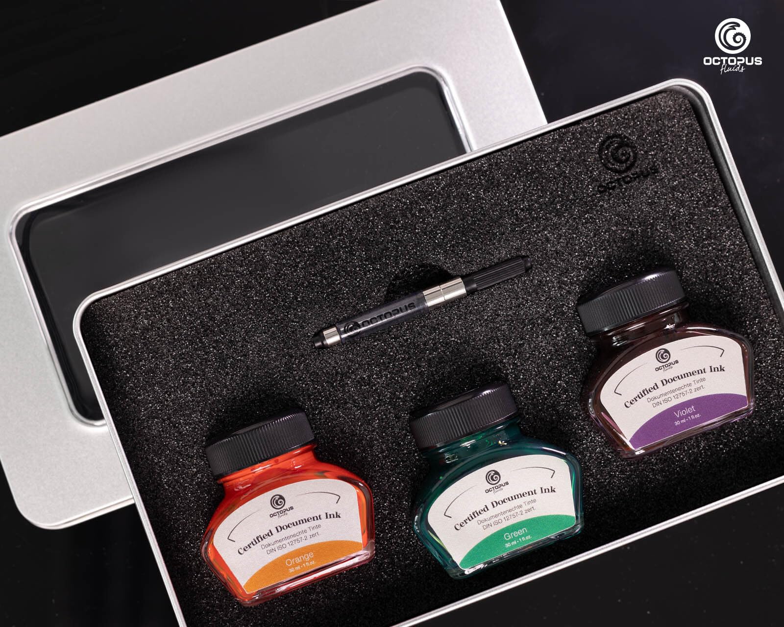 Octopus Fluids Document Ink Lot de 3 cartouches d'encre 30 ml orange, vert, violet, certifiée selon la norme DIN ISO 12757-2