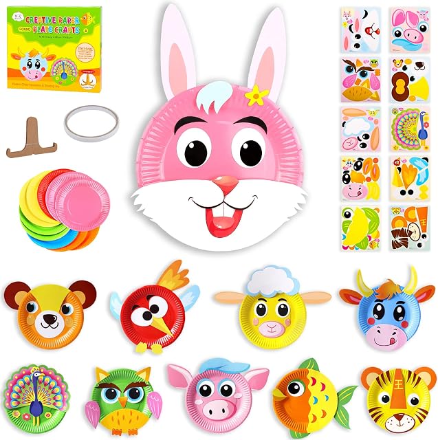 Mardiko DIY Handmade Toy Paper Plate Art Kit for Children, Preschool Learning Toys Craft Kits for Kids, Animals Sticker Arts and Crafts for 4 5 6 7 8 Year Old Boys Girls (Round)