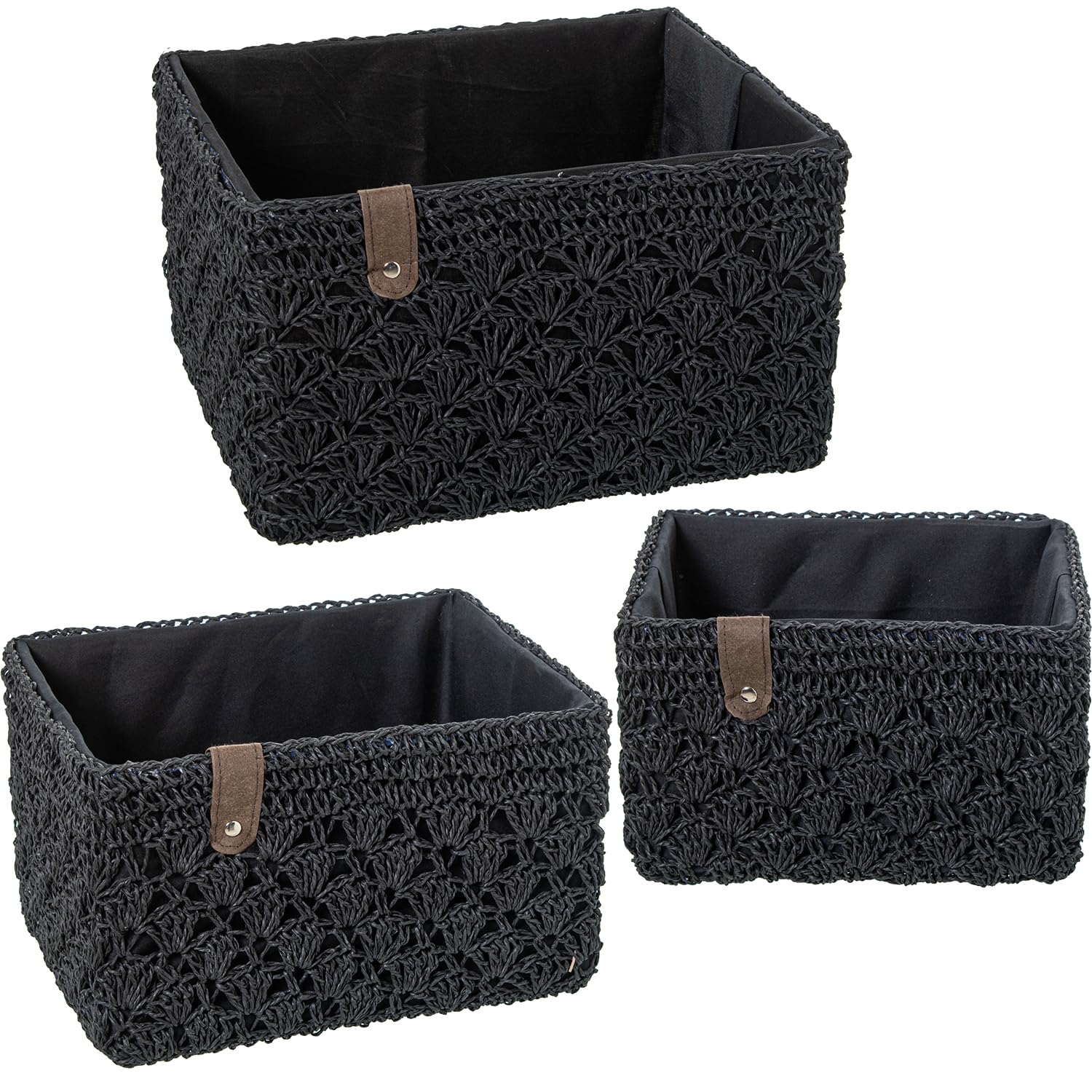 Lot de 3 paniers de rangement en tissu noir boîtes 3 tailles