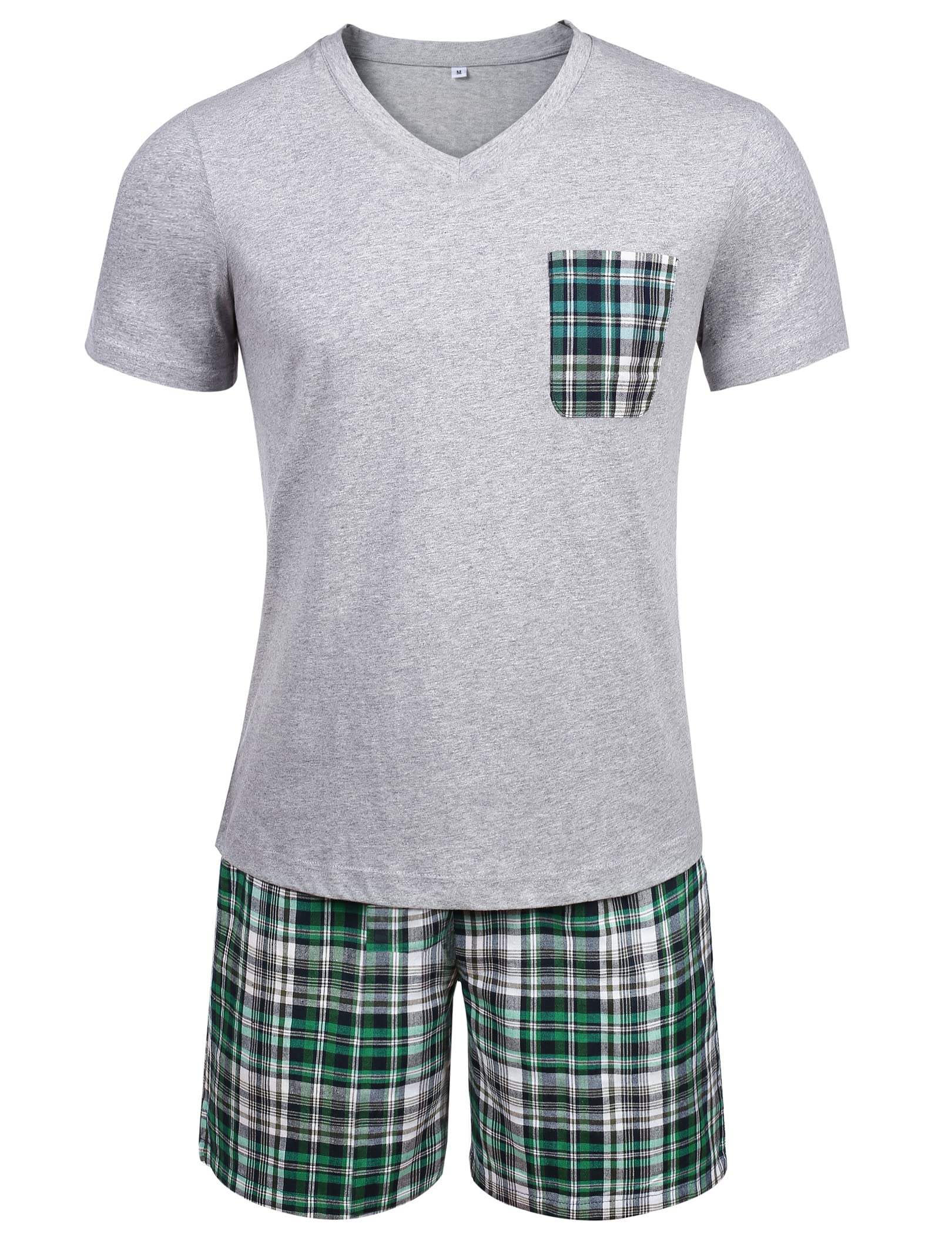 Winovia Herren Schlafanzug Kurz Pyjama Set aus 100% Baumwolle - V-Ausschnitt Kurzarm Shirt & Karierte Shorty Hose mit Gummibund - Atmungsaktive Nachtwäsche & Homewear für Sommer