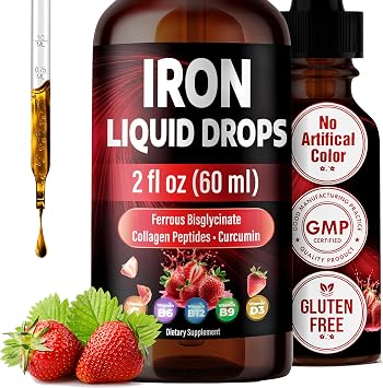 Liquid Iron Drops Liquid Iron Supplement with Vitamin C, B6, B12, Folic Acid, Collagen Natural Strawberry Flavor 2 fl oz