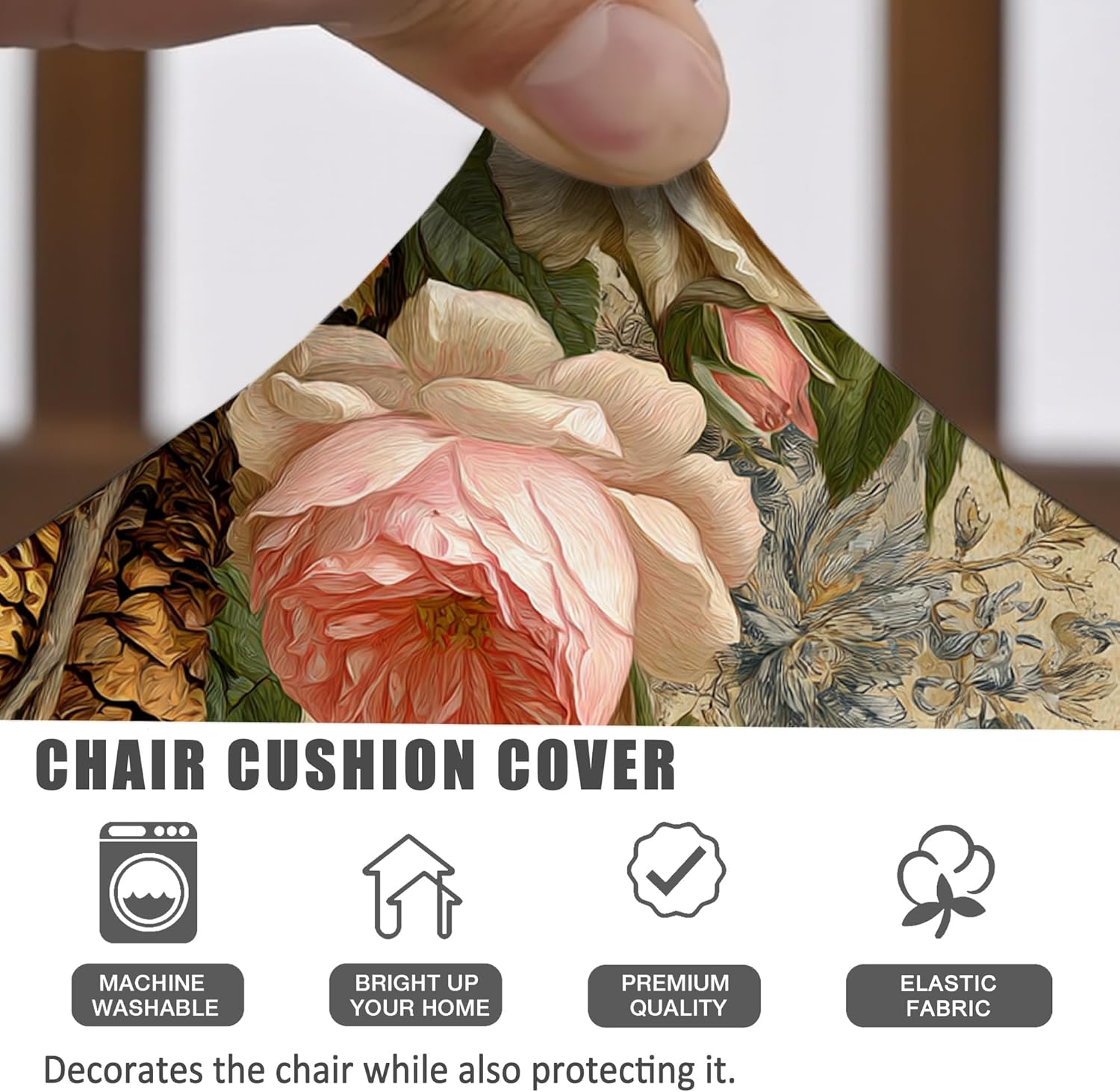 Elegant Floral Chair Seat Covers, Stretch Spandex Cushion Slipcovers with Vintage Rose Design, Washable Decorative Covers for Living Room Dining Decor 6PCS