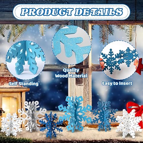 Miniatura 4 de OuMuaMua Juego de 6 decoraciones de mesa de Navidad con copos de nieve, 12 piezas de decoración de copo de nieve 3D de madera con purpurina azul y