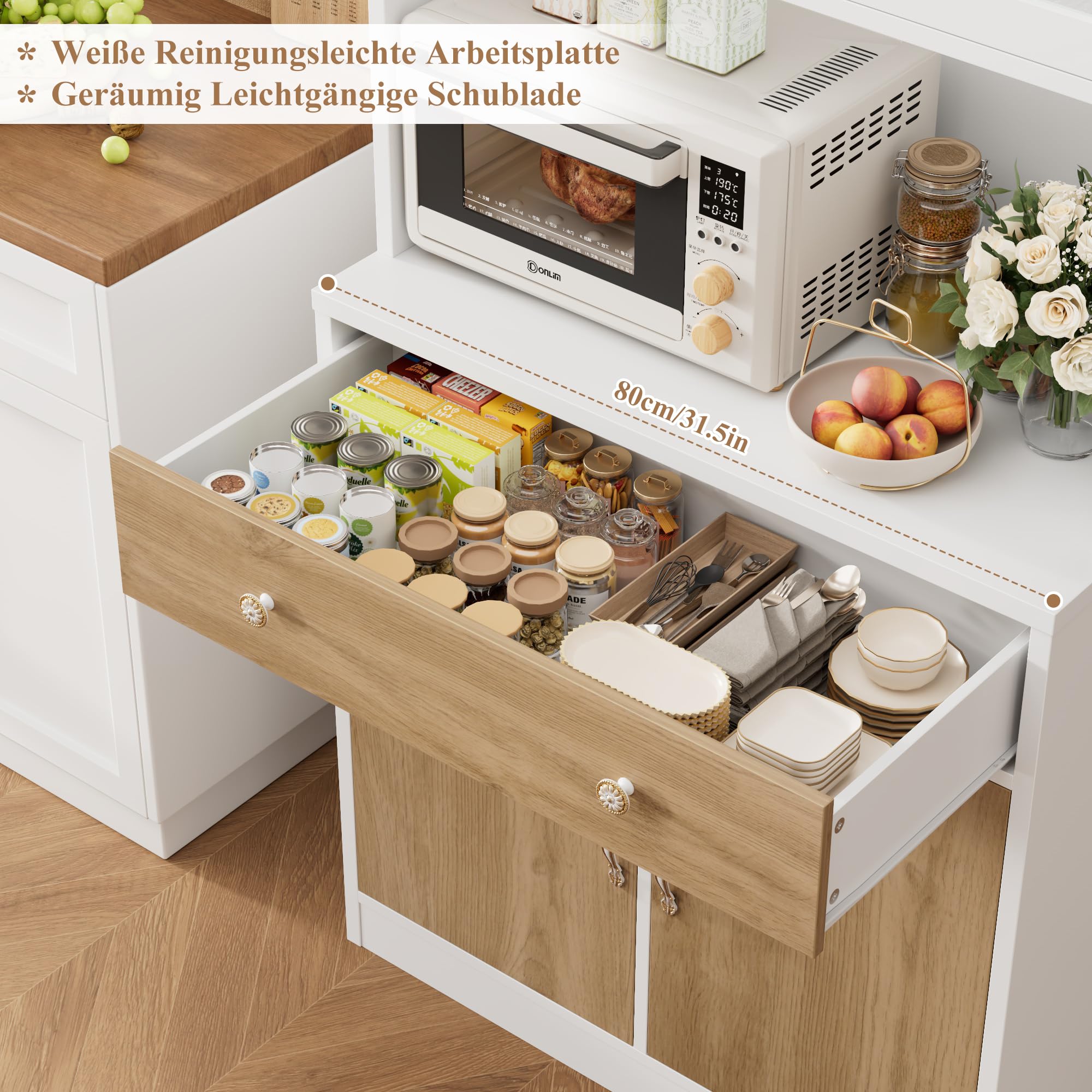 HOCSOK Küchenschrank, Buffetschrank, Sideboard mit Arbeitsplatte Verstellbaren Einlegeböden, 2 Glastüren und Schubladen,Küchenbuffet für Küche, Wohnzimmer, Esszimmer, 180 x 40 x 80 cm