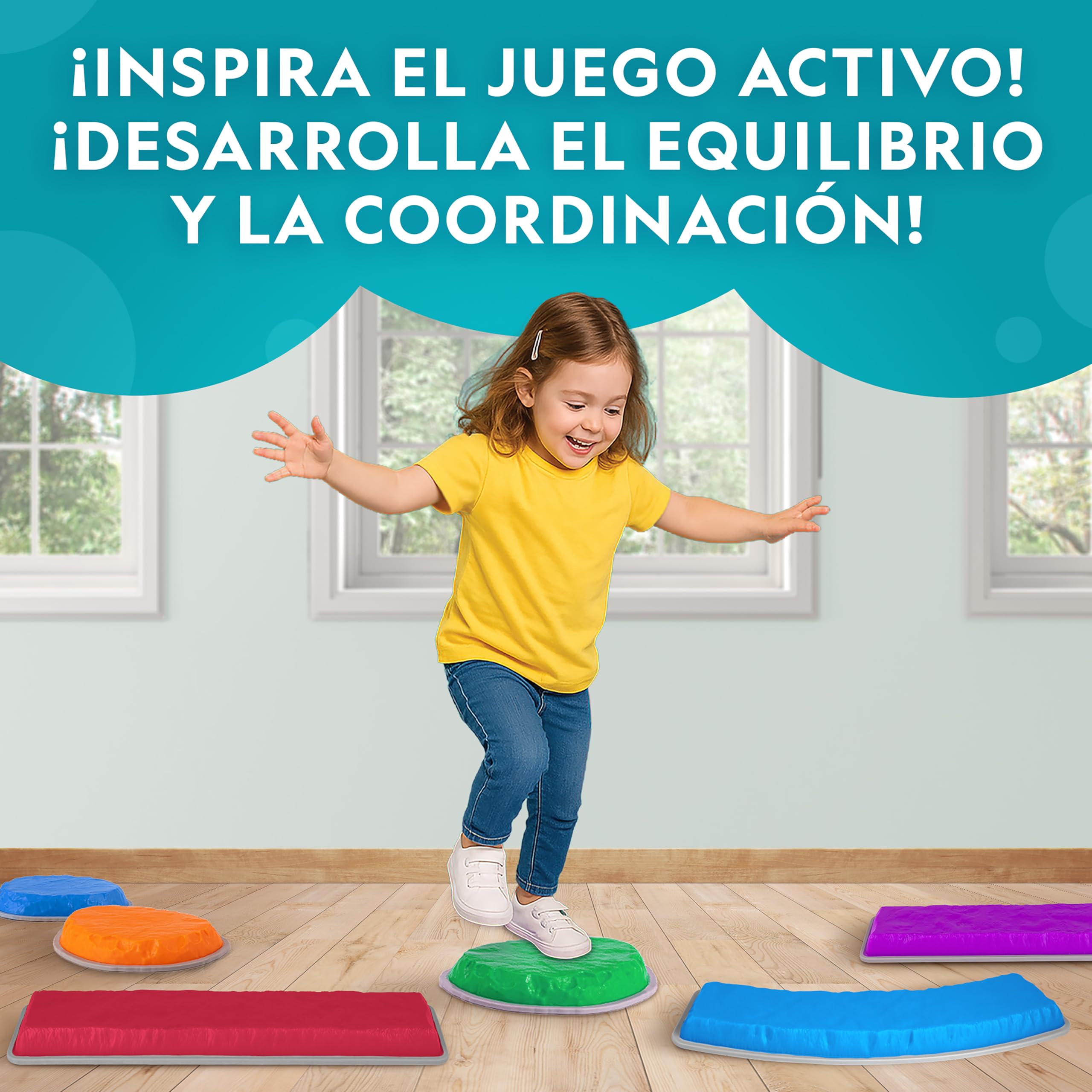 National Geographic Kids Piedras de Equilibrio y Barras de Balance – Set de circuito de obstáculos de 12 piezas para niños 3+ con dado de espuma, tarjetas Play & Learn y base antideslizante