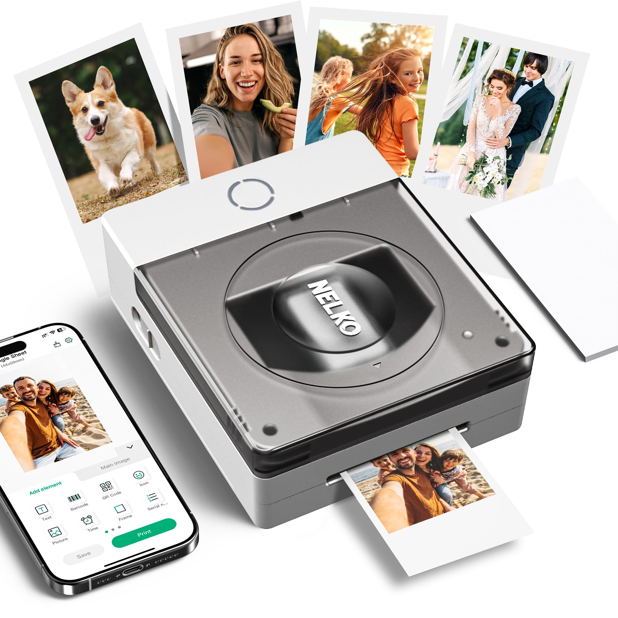 Nelko Fotodrucker, PP02 Tragbarer 4-in-1 Drucker für Klebepapier, Magnetpapier, Wassertransfer & Wärmetransferpapier, Bluetooth, kompatibel mit iOS & Android, mit App-Bildbearbeitung, Elfenbein