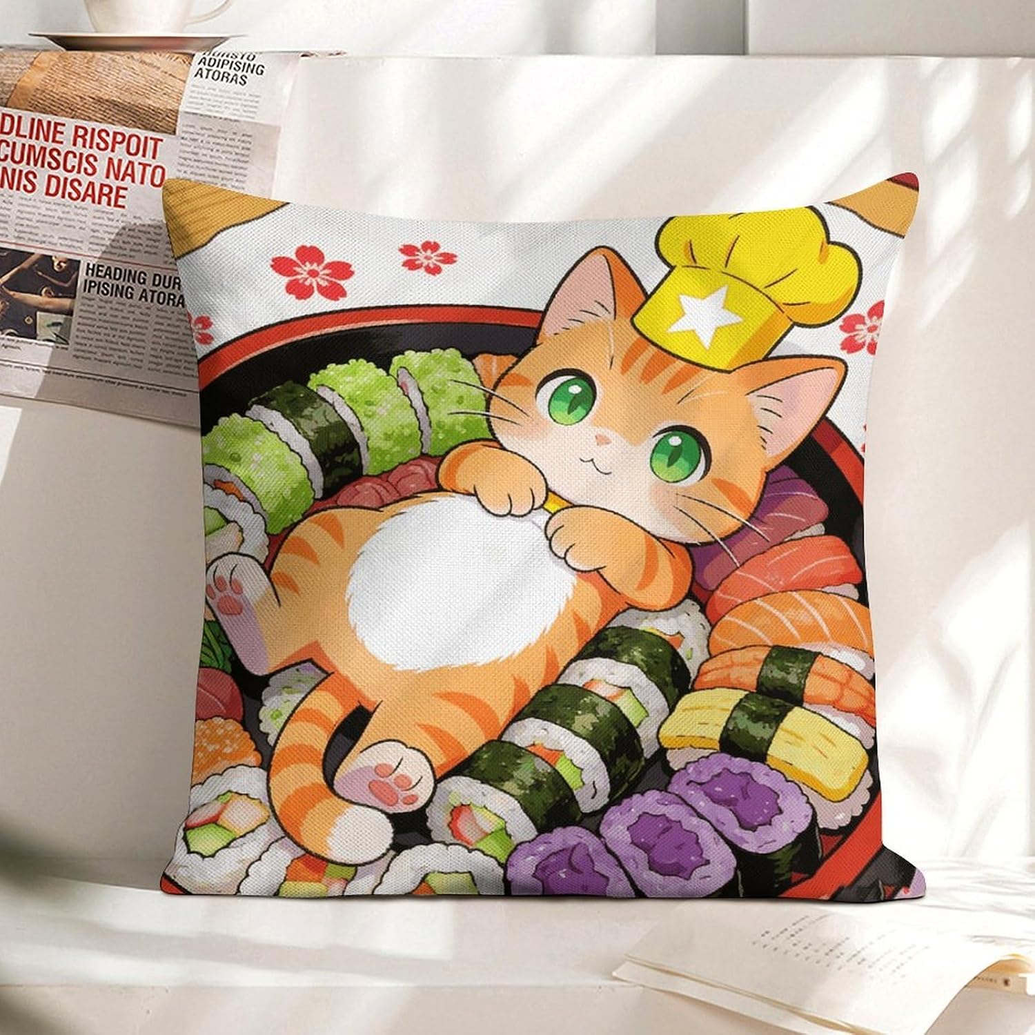 Japanese Sushi Kawaii Cat Pillow Protectors Cute Waterproof Pillow Cover Soft Skin-Friendly Cushion Case Decorative Square Cushion Cover for Couch Sofa Bed Living Room Bedroom