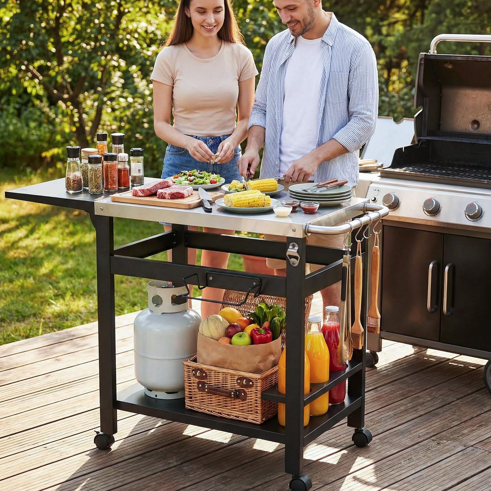 LIFERUN Desserte Barbecue Extérieur avec Table d'appoint Pliable, Chariot Plancha 2 Niveaux avec Dessus de Table en Acier INOX, Chariot de BBQ Pizza 4 Roues, pour Cuisine, Jardin et Fêtes, 116x48 cm