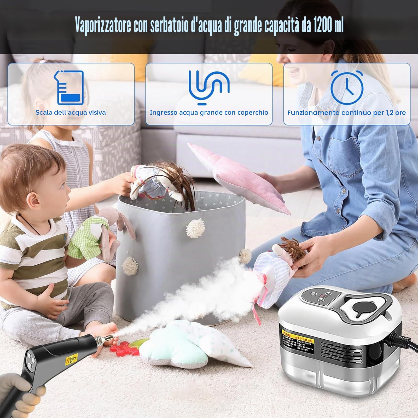 Potente pulitore a vapore portatile da 2500 W, riscaldamento rapido in 15 secondi e vapore ad alta pressione, 6 livelli regolabili per una pulizia profonda su pavimenti, cucina, bagno, auto, fughe