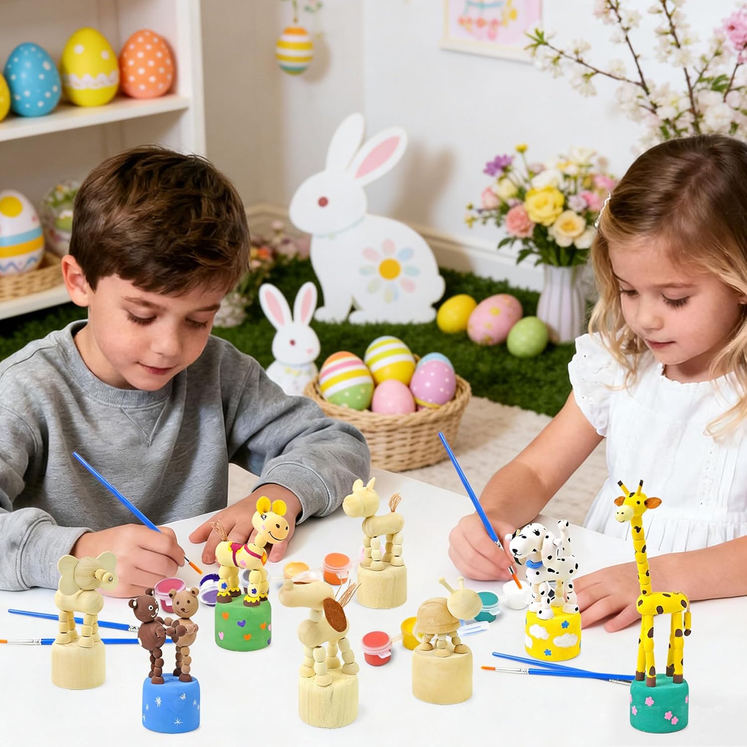 Vileafy Crafts for Kids Ages 4-8 with Paints & 8 Brushes, DIY Wooden Painting Kits for Boys and Girls, Unfinished Wood Animals Figures for Painting Party Favors and Kids Gifts