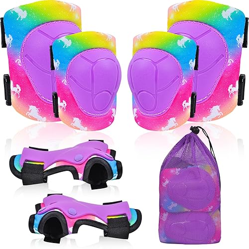 Rodilleras para niños, juego de equipo de protección ajustable con bolsa de malla, rodilleras y coderas, protector de muñeca para niñas, patines de