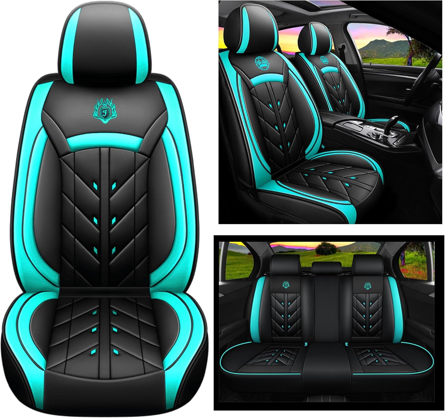 Comfortable Leather Auto Car Seat Covers 5 Seats Full Set Universal Fit (Black & Green)