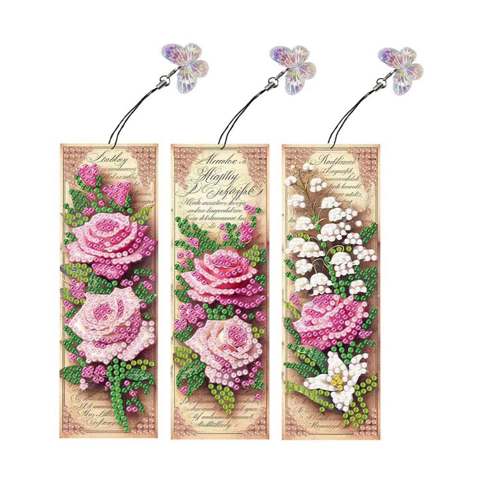 Lebartm 3Pcs DIY Diamond Art Painting Bookmarks with Colorful Butterfly Pendant PET Bookmark Ornament Double Sided Pattern Single Sided Diamond Book Marker Clip Gifts Tags-Pink Roses