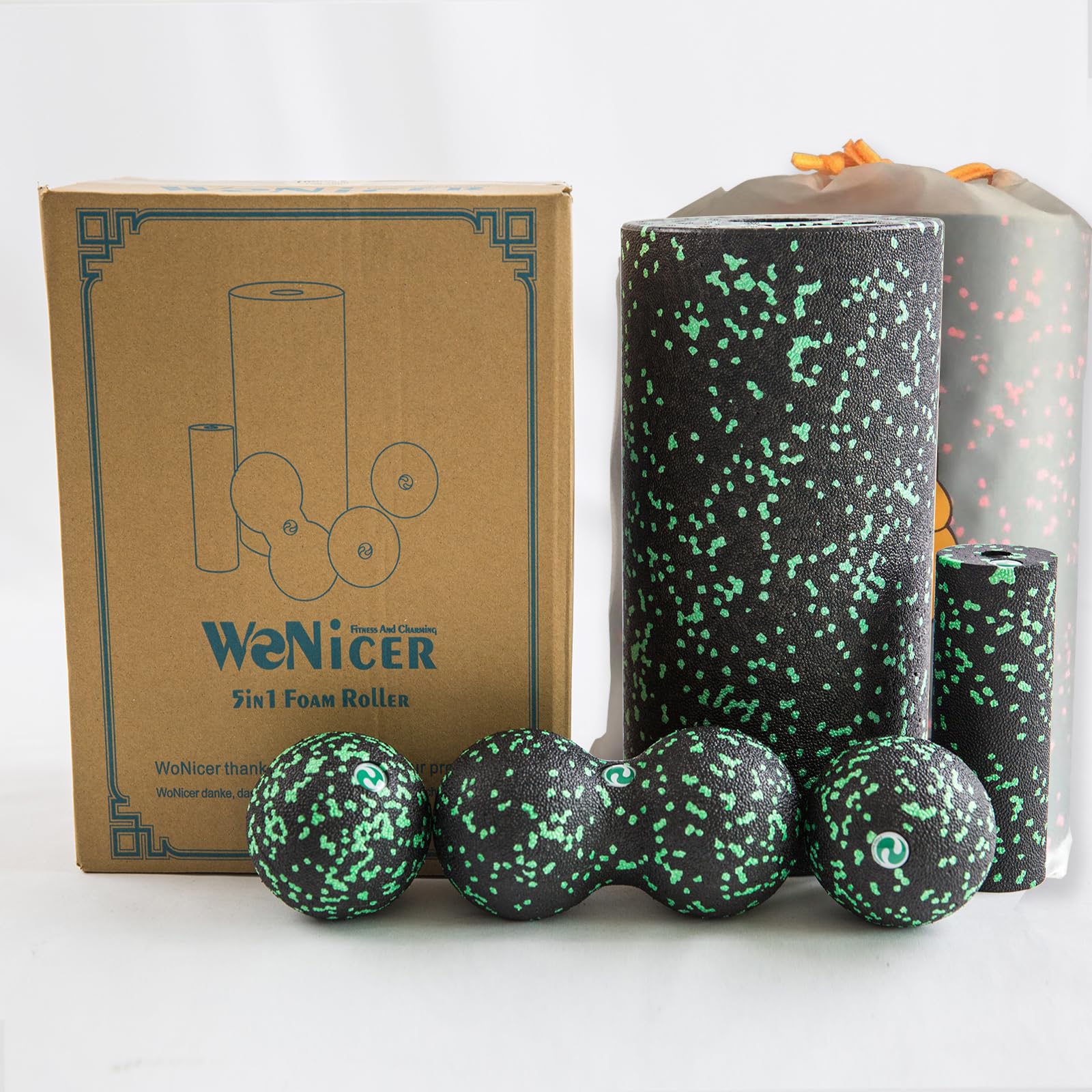 Faszienrolle 5-teiliges Yoga-Schaumstoffrollen Set Foam Roller, Massageball & Faszienball,faszienrolle wirbelsäule für effektives Faszientraining von Rücken, Wirbelsäule,Fuß&Pilates. (Green)