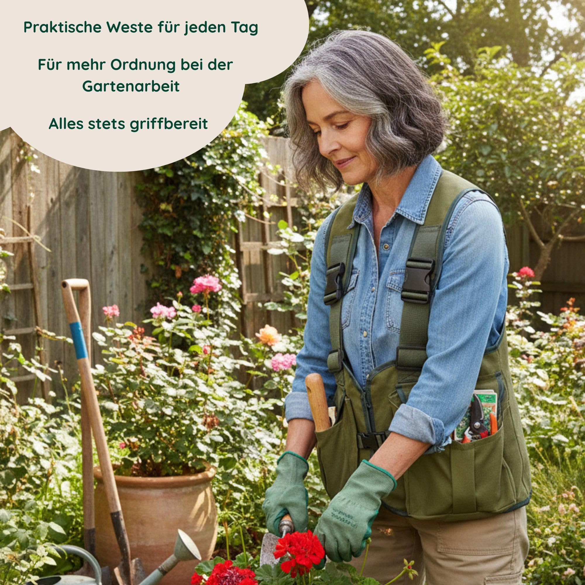 Romneys Gartenweste mit großen Taschen – Robuste Arbeitsweste für Gartenarbeit – Multifunktionsweste mit Rückentasche für Werkzeug & Zubehör – Damen & Herren (L)