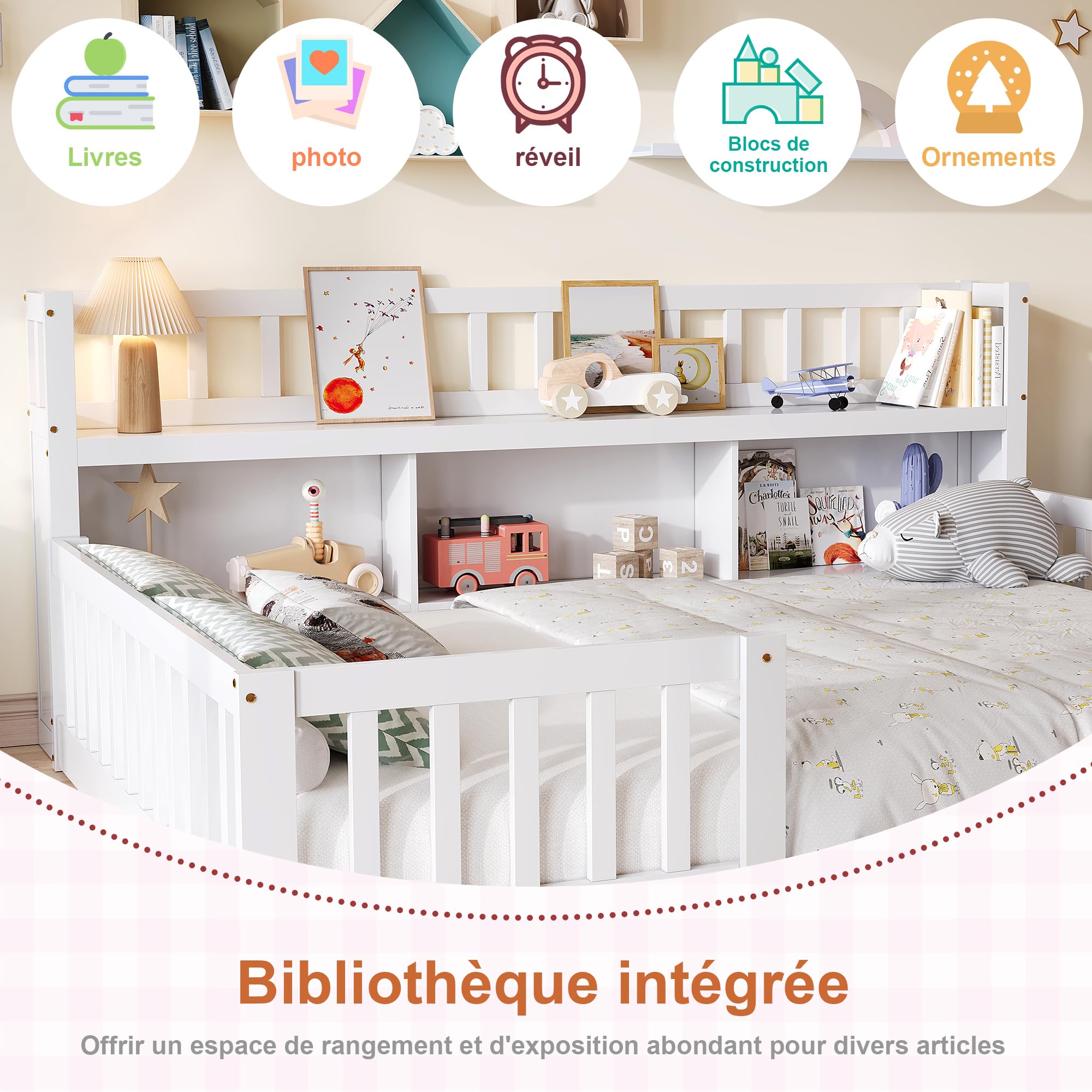 DADEA Montessori - Lettino da pavimento, 140 x 200 cm, con protezione anticaduta e rete a doghe, letto singolo per bambini e ragazzi, senza materasso