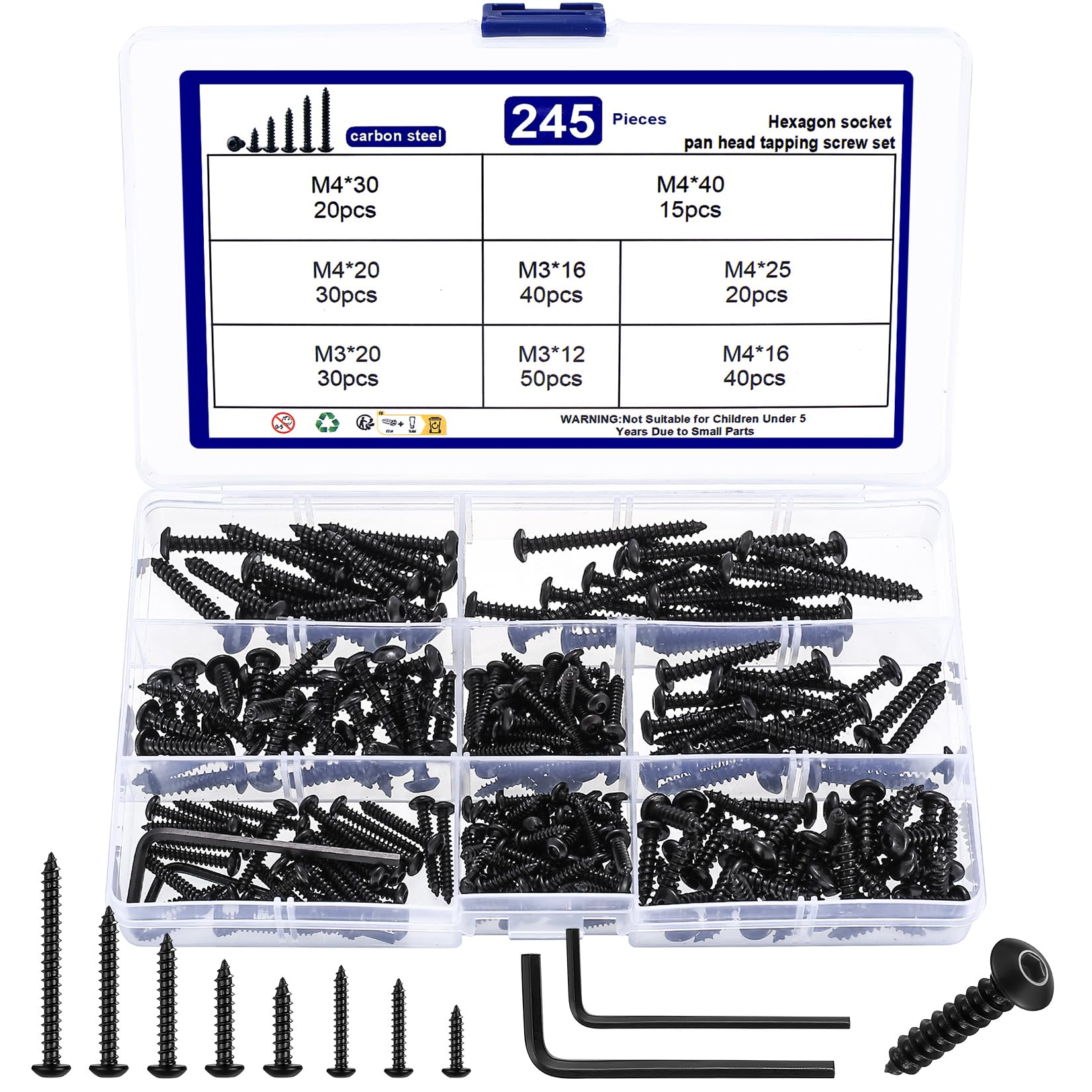 245 Pcs M3 M4 Self Tapping Screws for Wood, Assorted Pan Head & Hex Socket Head Screws Set for Home Repair & DIY Furniture, Chipboard & Decking