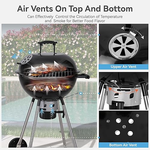 Miniatura 5 de GREEN PARTY Parrilla de barbacoa de carbón de 18 pulgadas con ruedas, parrilla de carbón portátil con tapa esmaltada de porcelana y colector de