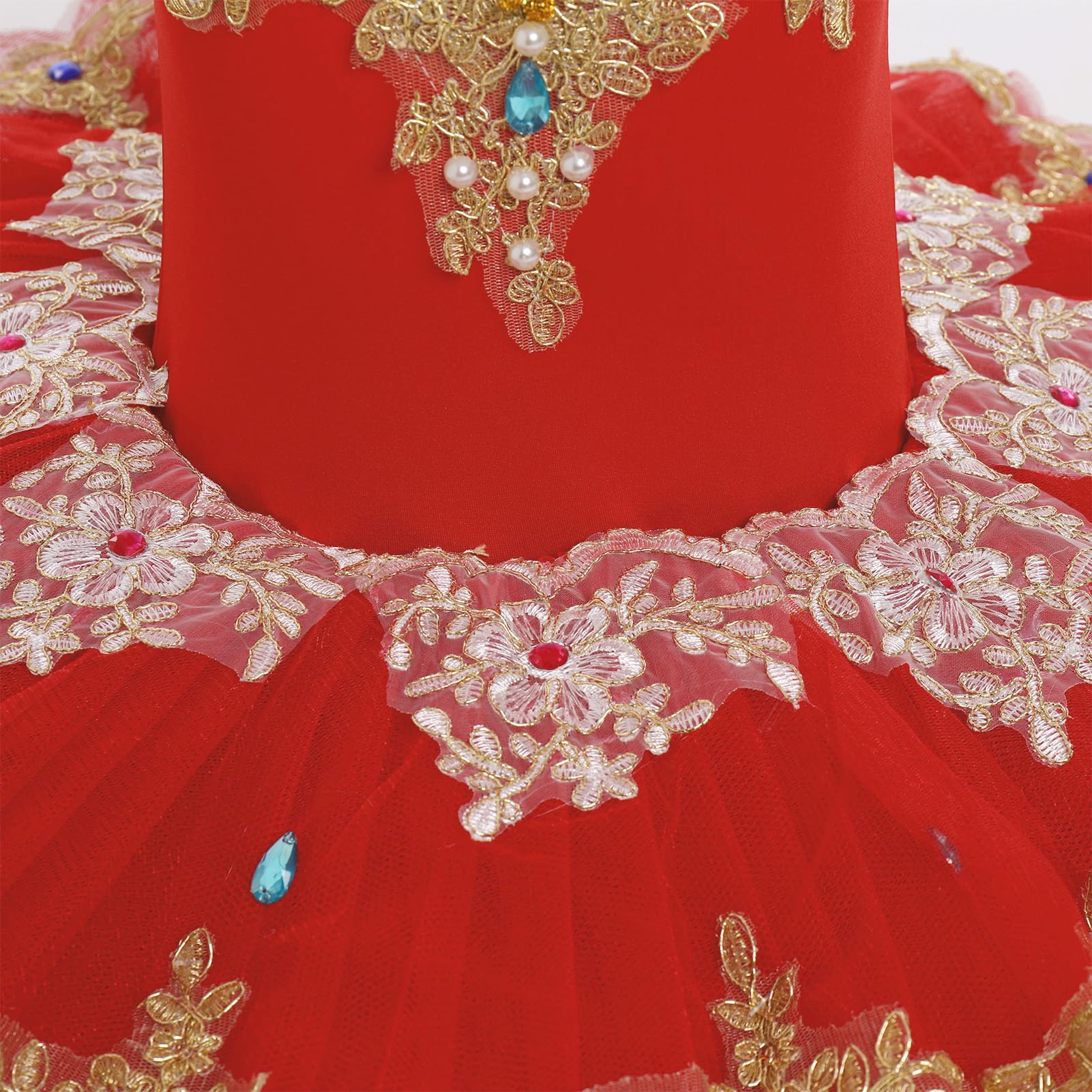 IDOPIP Enfant Fille Costumes de Ballet Danse Tutu Robe Perles Strass Fleurs Broderie Dentelle Cygne Col en V Fines Bretelles
