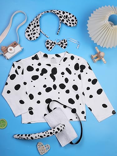 Miniatura 5 de SOMSOC Juego de 5 piezas de disfraz de perro dálmata para niñas de 100 días camiseta dálmata con diadema y lazo para cola