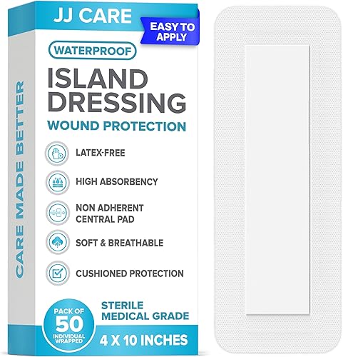 JJ CARE Aderezo adhesivo impermeable para isla (paquete de 50), gasa estéril con bordes de 4 x 10 pulgadas, vendajes de gasa adhesivos envueltos