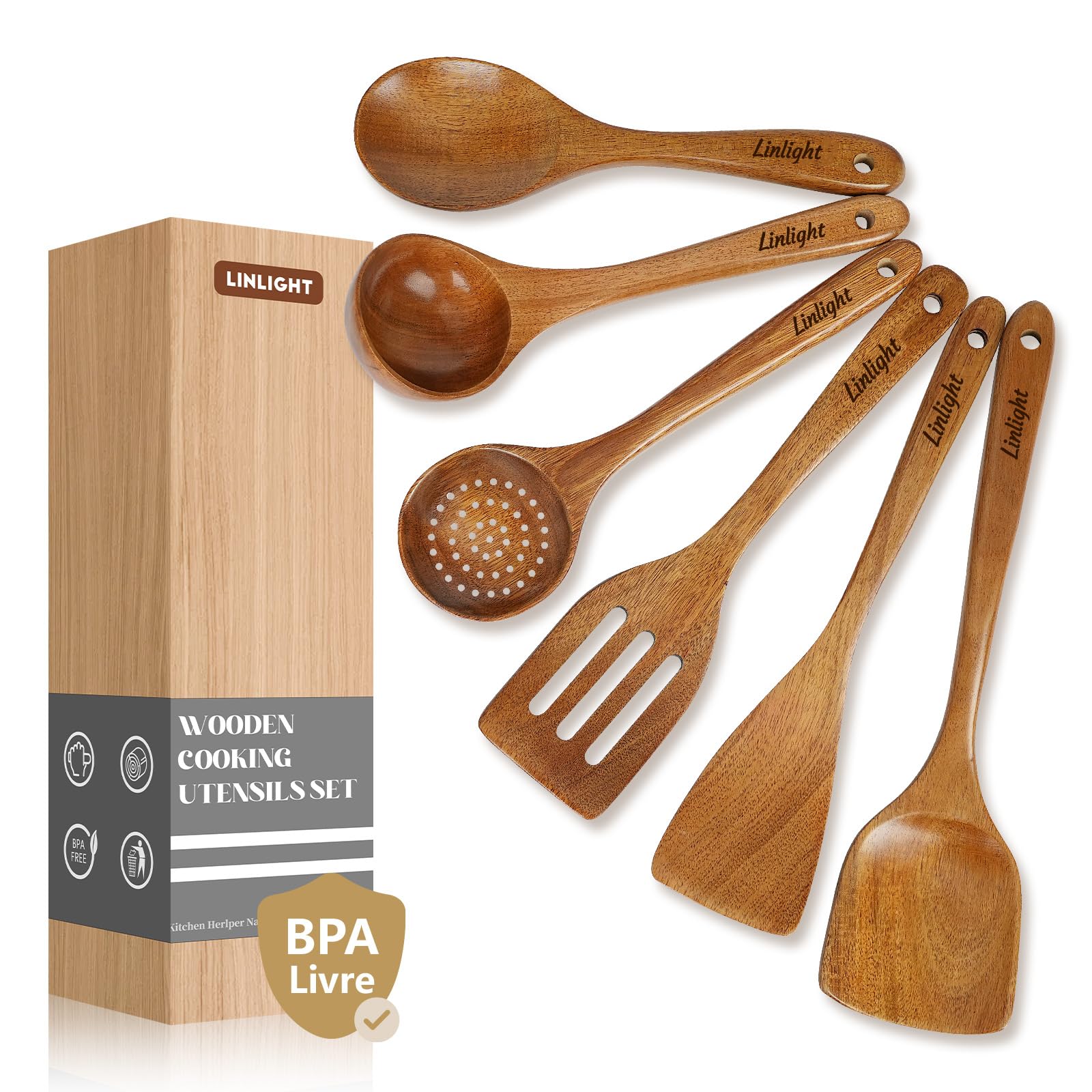 Kit 6 Colher de Pau Jogo de Utensílios de Cozinha Madeira Premium | Leve Resistente