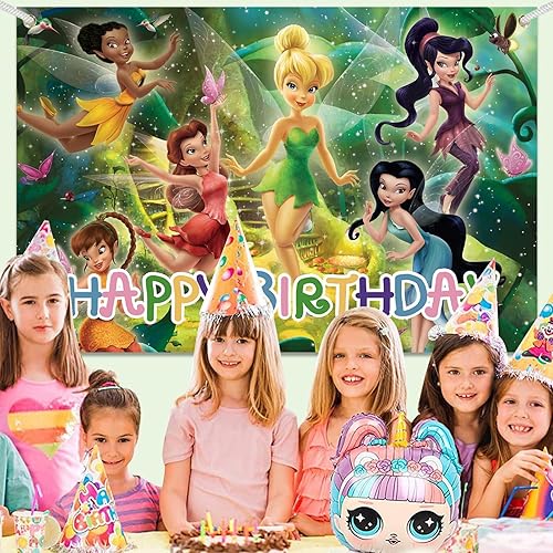 Miniatura 7 de Decoraciones de fiesta de campanilla Tinker bell con tema de feliz cumpleaños, suministros de fiesta de campanilla para niñas y niños