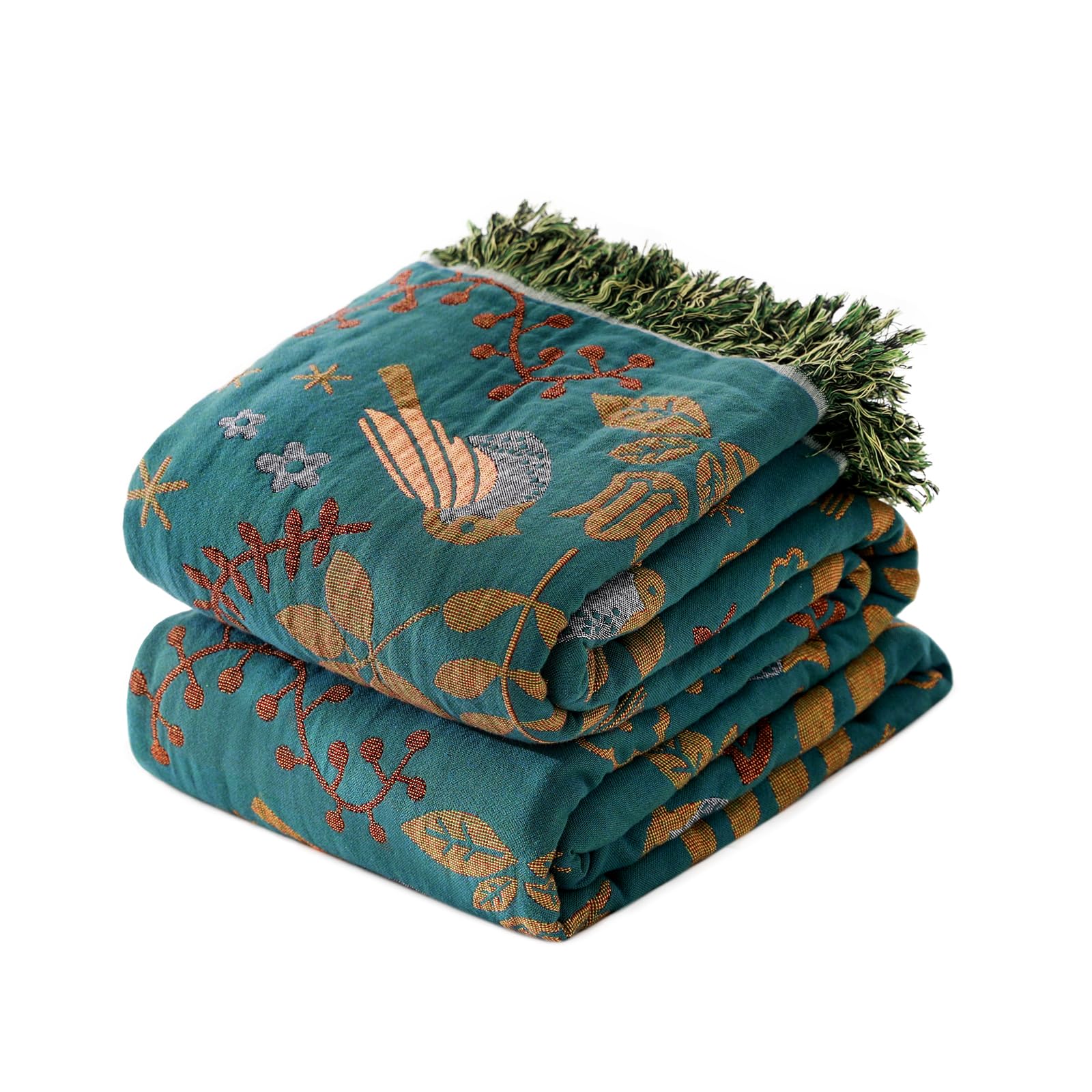 Vksucss Blankets Queen Size Cotton Boho Throw Blanket Quilt Queen Blanket for Bed Couch,Soft Gauze Birds and Floral Doubel Side Embroidery 90"x90" Bed