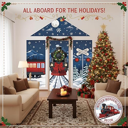 Miniatura 5 de Kathfly 4 piezas de decoración de tren de Nochebuena para porche, tren de noche nevada, pista de ferrocarril, pasillo, casa, puerta, telón de fondo,