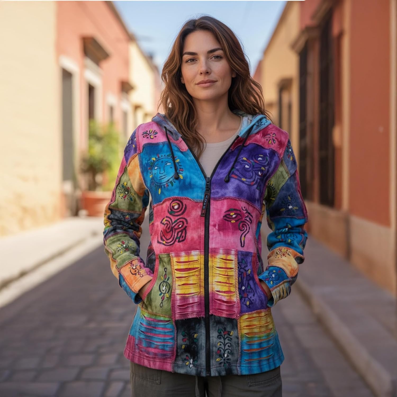 Agan Traders Zip-Up Women's Fashion Hoodies & Sweatshirts - Auspicious Symbols Multi-Colored Patched Light Jackets for Women - Image 3