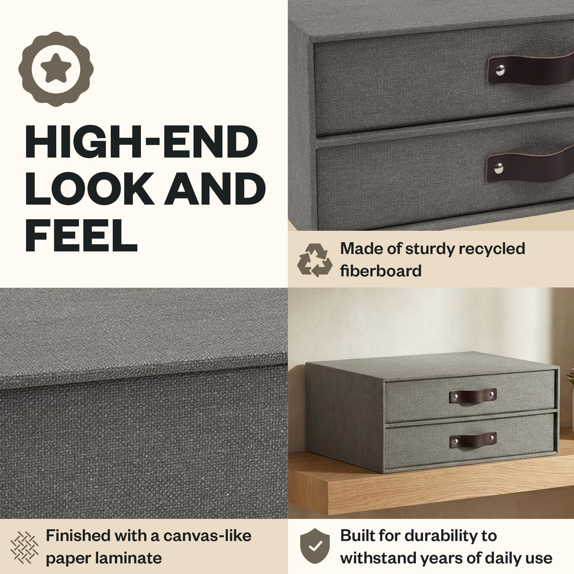 Bigso Birger 2-Drawer Canvas Fiberboard Easy Pull Handle Document Letter Box Desktop Drawers for Loose Papers and Documents — view 6