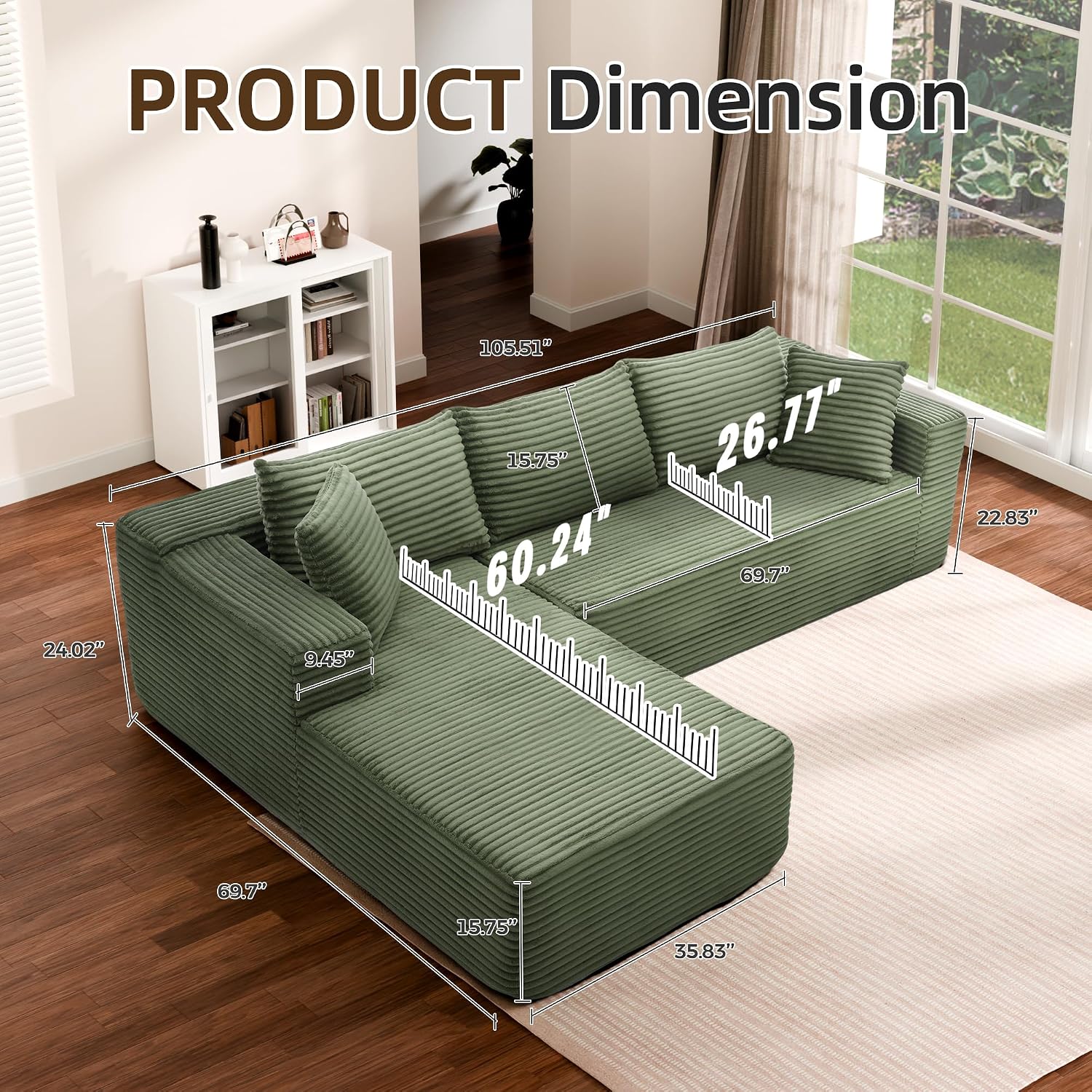 106” Modular Sectional Sofa, Cloud Sectional Couch with High-Density Memory Foam, L-Shaped Boneless Sofa for Living Room, Pet-Friendly Corduroy Modular Couch, No Assembly Required Green