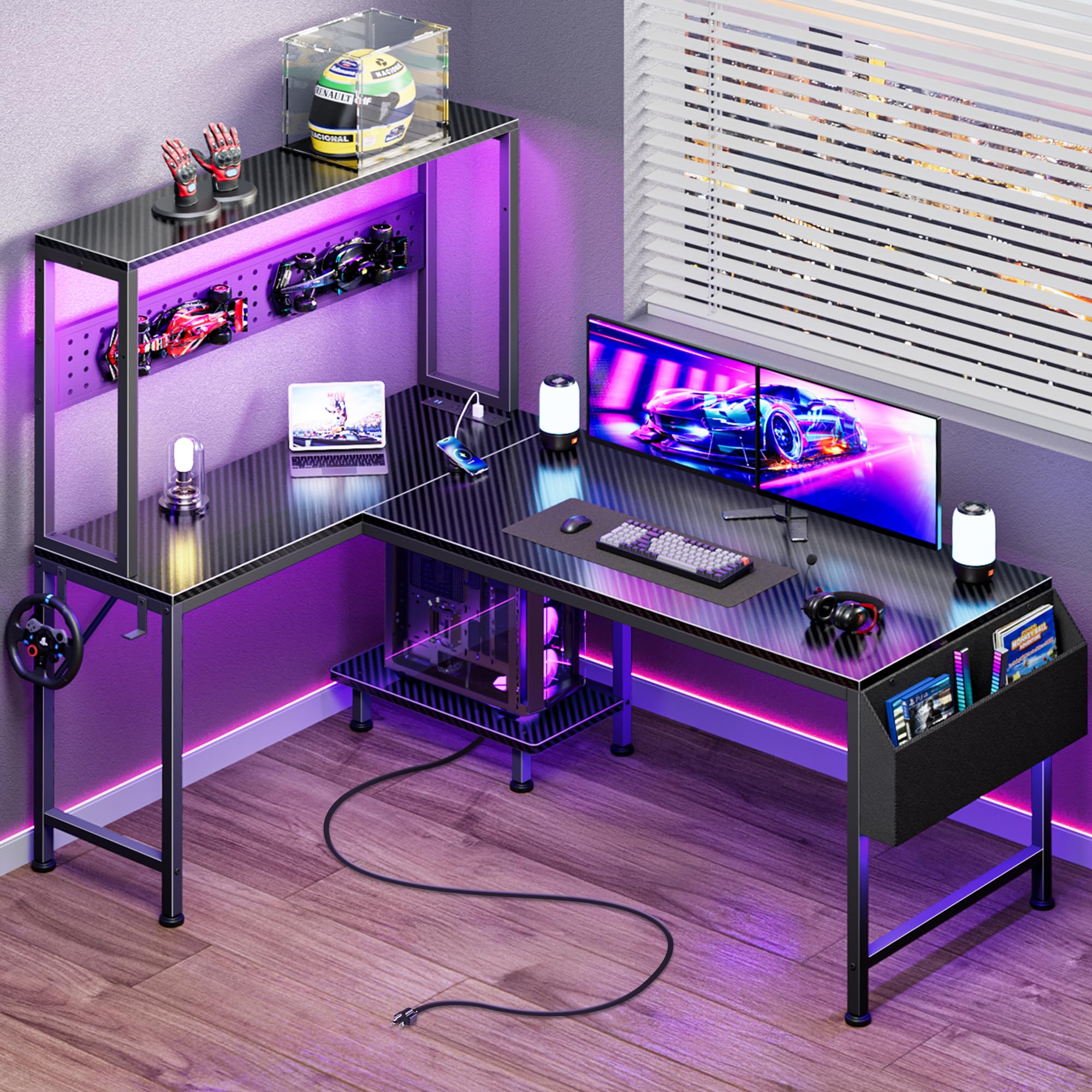Photo 1 of PRAISUN L Shaped Gaming Desk with LED Lights & Power Outlets