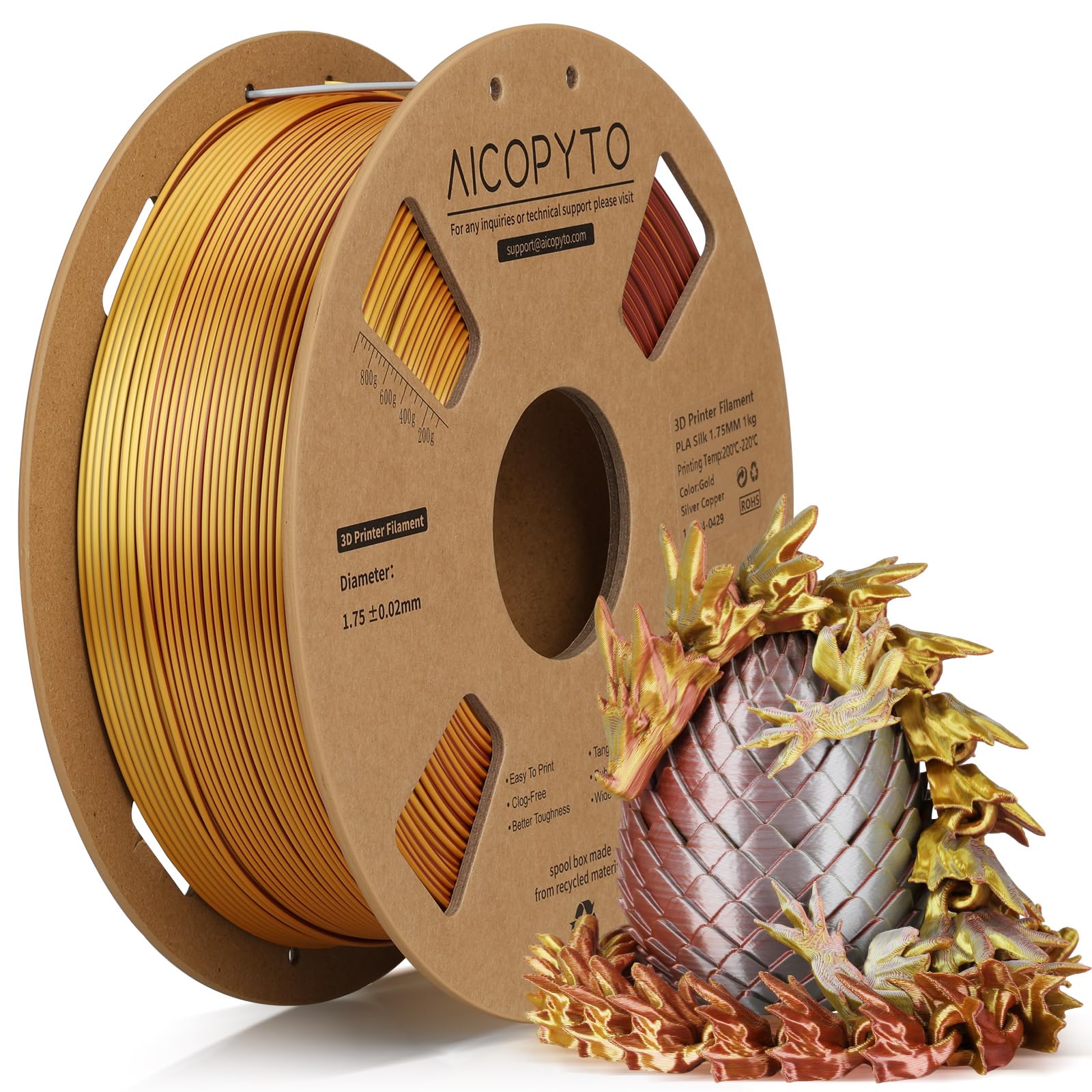 3D Printer Silk PLA Filament 1.75mm, Shiny Triple Color Gold Silver Cooper, Dimensional Accuracy +/- 0.02 mm, 1KG (2.1lbs)/Spool Easy to Print for Most FDM 3D Printers