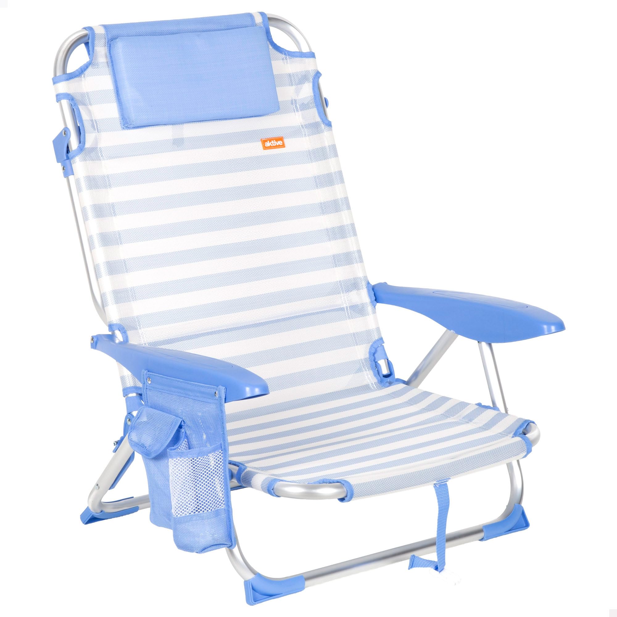 AKTIVE Silla de Playa Plegable, Rayas marineras, 51x45x76 cm, 4 Posiciones, Aluminio y textileno, Antivuelco, Soporta 110 kg, Cojín, Asa Transporte, Bolsillos, Tumbona jardín (62547)