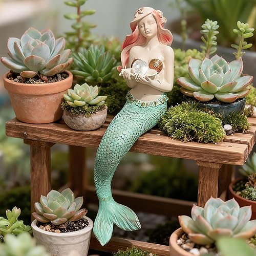 Miniatura 8 de Teaeeno Figura creativa de sirena de resina para jardín, figura de sirena, decoración de escultura de sirena para interior y exterior (azul)