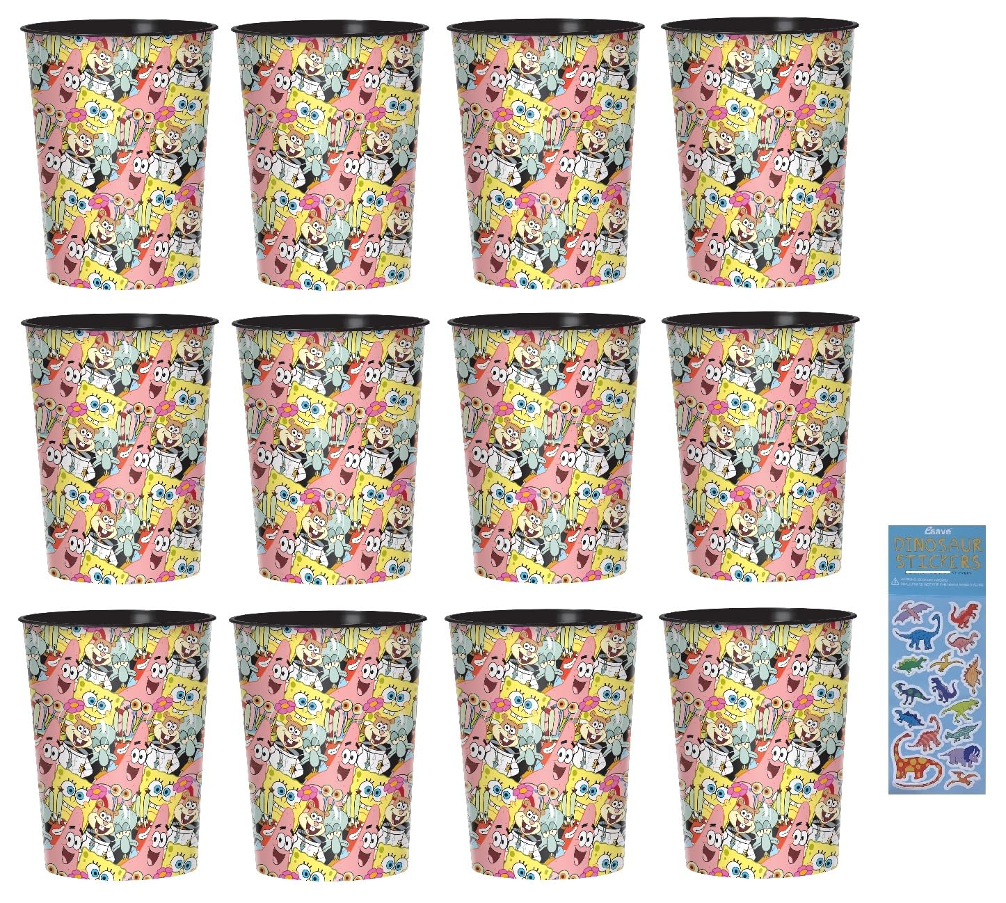 Spongebob Birthday Party Supplies Bundle includes 12 Plastic Reusable Cups 16oz and 1 Dinosaur Sticker Sheet
