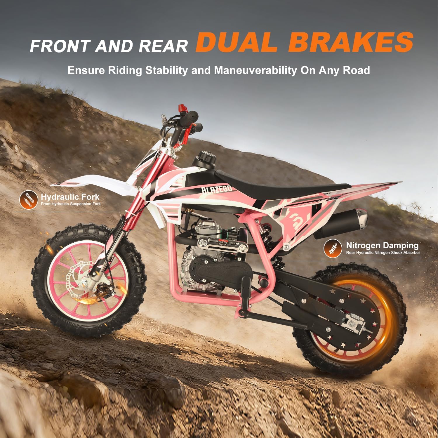 BLAZEGO 50CC Kids Dirt Bike，4-Stroke Dirt Bike for Kids，Off Road Mini Motorcycle，Front & Rear Shock, 10" Off-Road Tires, 28 MPH Top Speed, 132 LBS Max Load, Mini Dirtbike for Kids 8-14，Pink