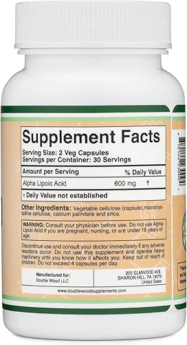 Miniatura 4 de Double Wood - Ácido alfa lipoico de 600 mg por porción, 60 cápsulas (probado por terceros, sin OMG, sin gluten, vegano seguro). Potente antioxidante