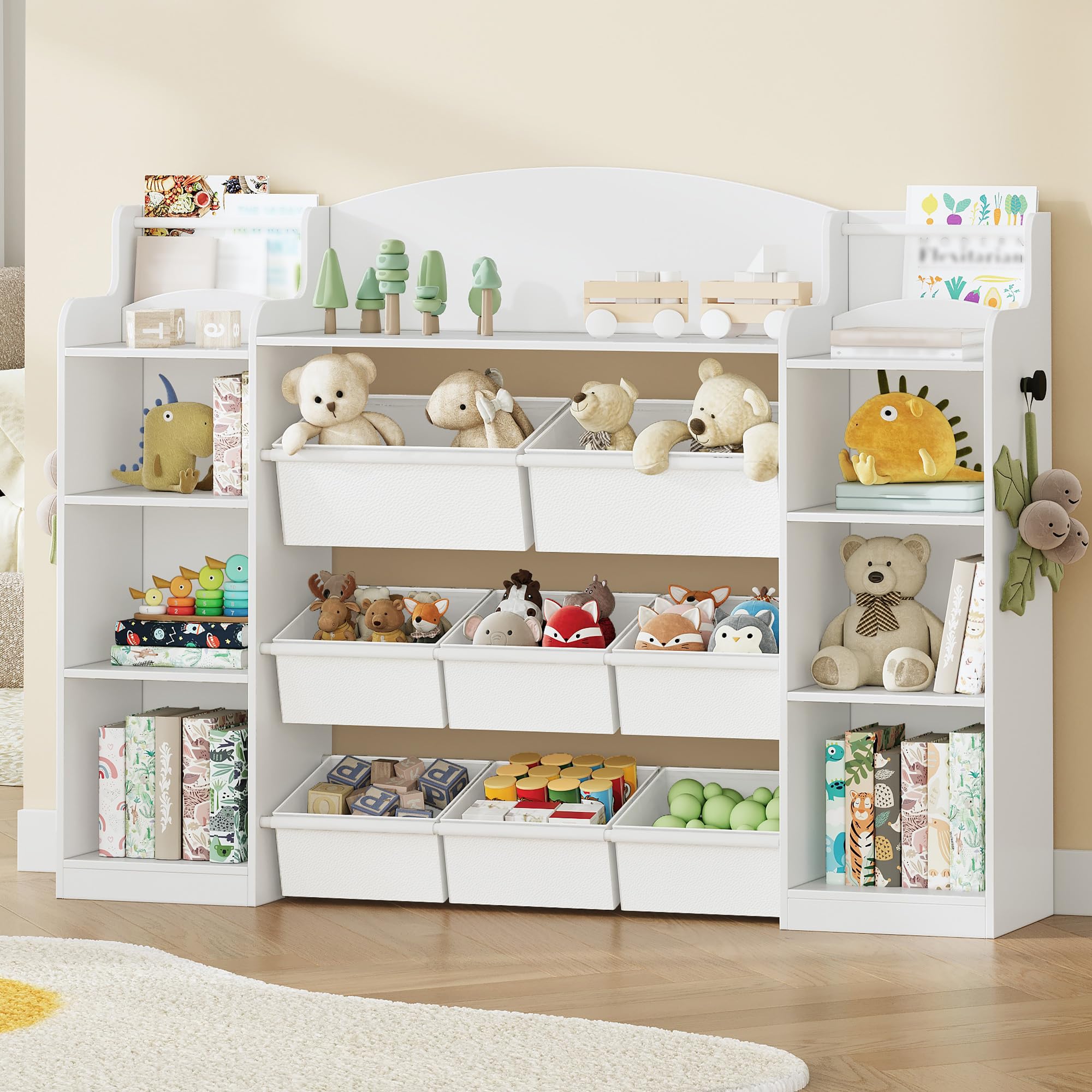 Hzuaneri 140cm Libreria per Bambini, Scaffale Portagiochi Bambini con 8 Contenitori, Libreria in Legno, Adatta per Cameretta, Soggiorno, Studio, 30 x 140 x 104 cm, Bianco KB43003W