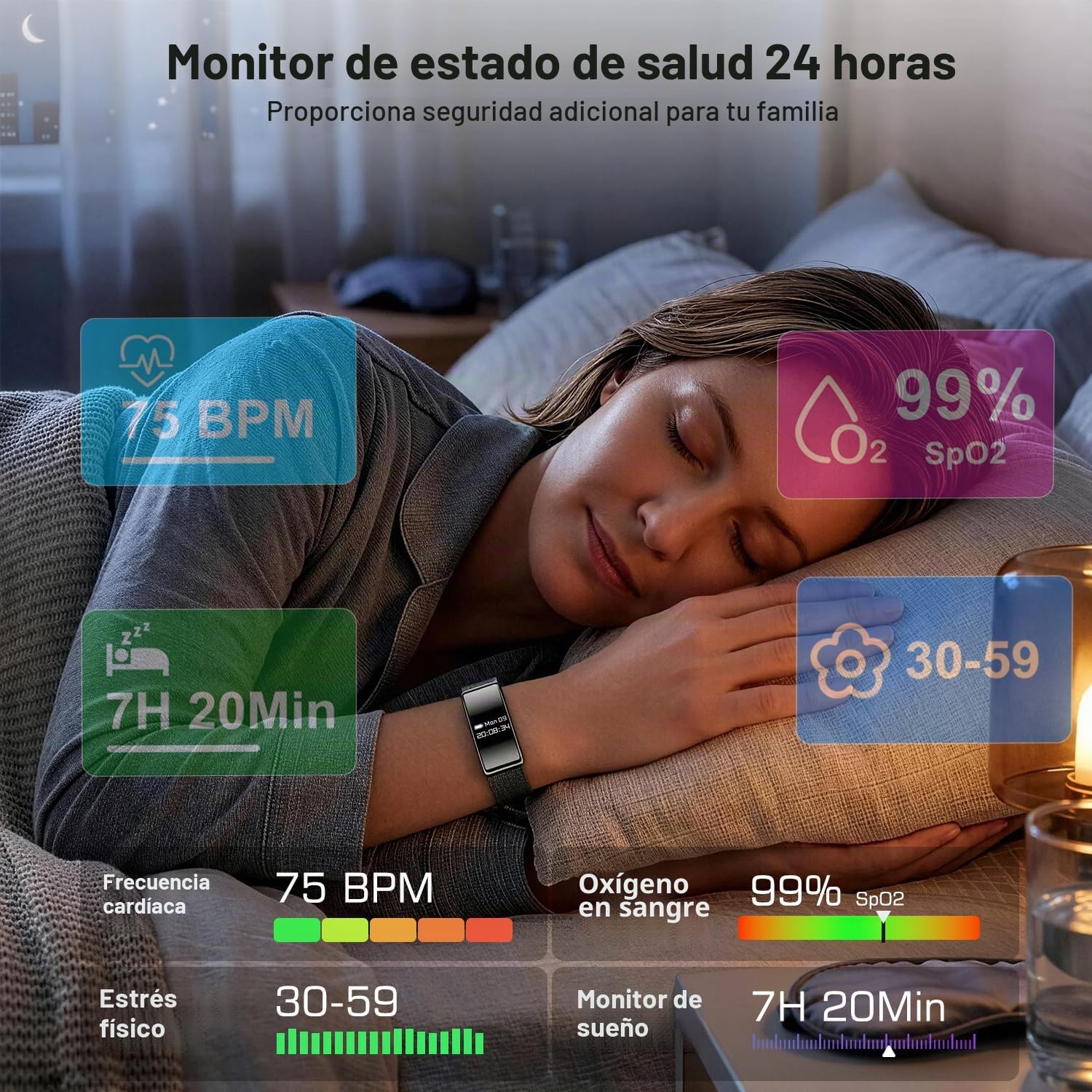Smart Band, Pulsera Inteligente Hombre Mujer con Monitor de Sueño, Frecuencia Cardíaca, Saturación de Oxígeno, Múltiples Modos Deportivos Pulsera de Actividad, IP68, Compatible Android iOS, Negro