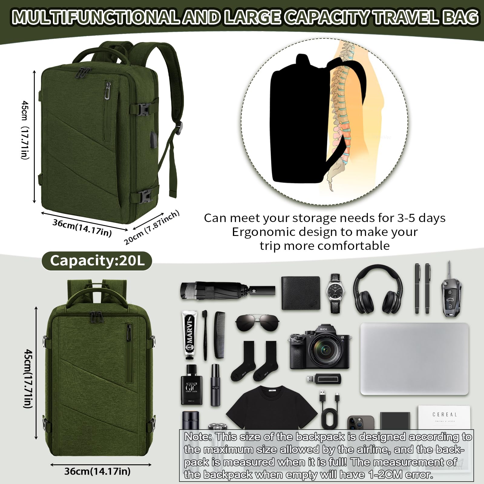VOESLD Zaino 45x36x20 per Easyjet, Zaino da Viaggio Aereo Bagaglio a Mano Verde Zaino Porta PC Donna Uomo Impermeabile Zaino Bagaglio a Mano per Tutte le Principali Compagnie Aeree, con Porta USB 32L